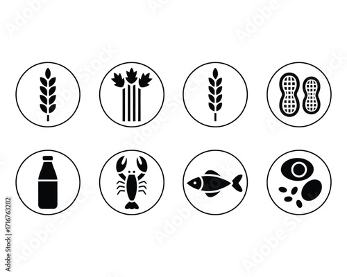 Common Food Allergen Icons Set in Black and White for Easy Identification and Safety Awareness
