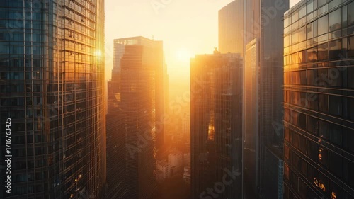 Wide drone boom-up shot revealing a stunning urban skyline bathed in golden sunset light, highlighting reflective glass buildings and a warm atmospheric glow.
