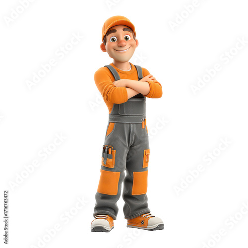 Friendly cartoon construction worker wearing orange cap and overalls with arms crossed confidently isolated on transparent background
