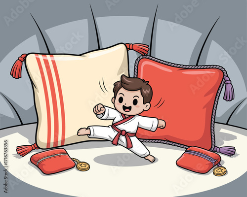 A whimsical vector illustration of a small boy in a martial arts uniform with a red belt, joyfully practicing a dynamic kick between large decorative sofa pillows