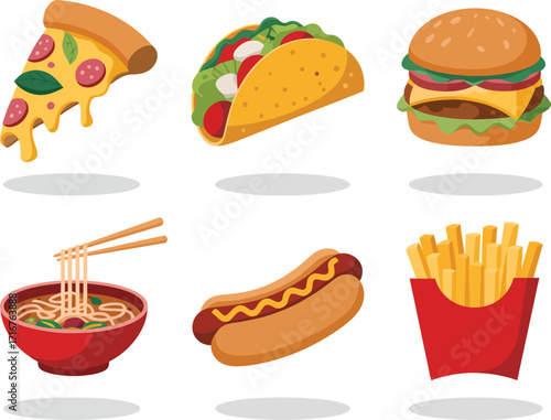Vibrant cartoon illustration set featuring beloved fast food classics like pizza, tacos, burgers, noodles, hot dogs, and golden french fries for culinary themes