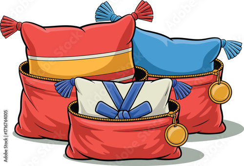 Cartoon illustration of colorful pillows inside vibrant pouches.  A playful design concept