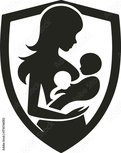 Elegant vector logo showing a mother tenderly holding her baby in a heart-shaped embrace, symbolizing love, care, and maternal connection.