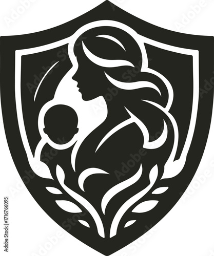 Elegant vector logo showing a mother tenderly holding her baby in a heart-shaped embrace, symbolizing love, care, and maternal connection.