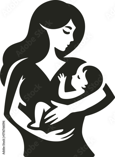 Elegant vector logo showing a mother tenderly holding her baby in a heart-shaped embrace, symbolizing love, care, and maternal connection.