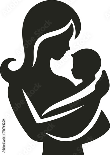 Elegant vector logo showing a mother tenderly holding her baby in a heart-shaped embrace, symbolizing love, care, and maternal connection.