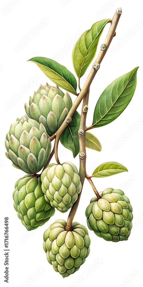 Fototapeta premium Watercolor botanical illustration of a sugar apple branch isolated on transparent background, showcasing its unique texture and vibrant green color