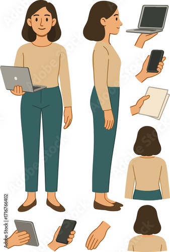 Professional woman using tech gadgets for work, including laptop, tablet, phone, and document views, perfect for business and lifestyle content