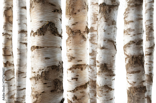 PNG of A close-up view of slender birch trees showcasing their distinctive white bark and earthy textures.