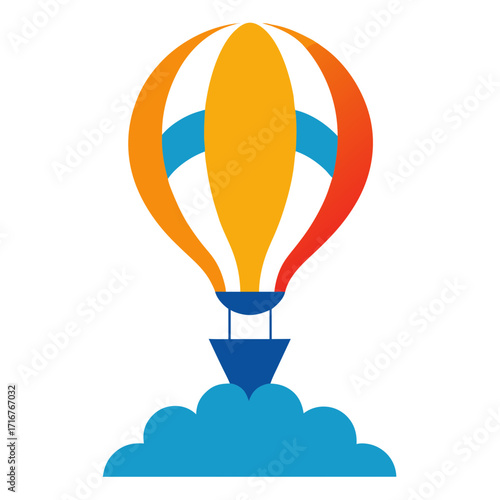 Colorful hot air balloon ascending from blue clouds