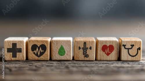 Wooden Blocks Showing Healthcare Symbols on a Wooden Surface