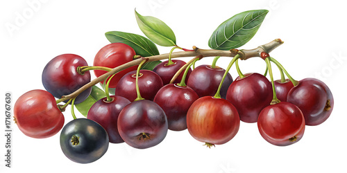 A beautiful watercolor illustration of huckleberries on a branch, isolated on transparent background, showcasing the vibrant colors and natural details