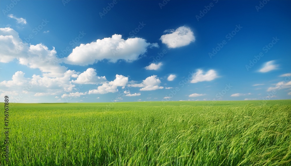 Fototapeta premium Macro Summer Sky White Clouds Blue Sky Green Field Detail
