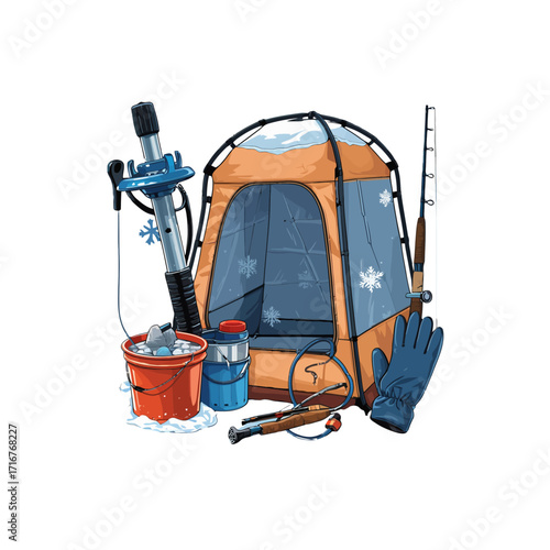 Ice Fishing Equipment Clipart: Tent, Auger, Rod & Bucket
