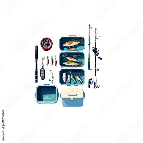 Fishing Equipment Set Vector Illustration | Flat Design Tackle Gear Collection

