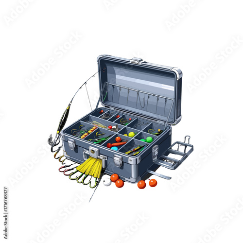 Open Fishing Tackle Box with Vibrant Lures for Freshwater & Saltwater Angling
