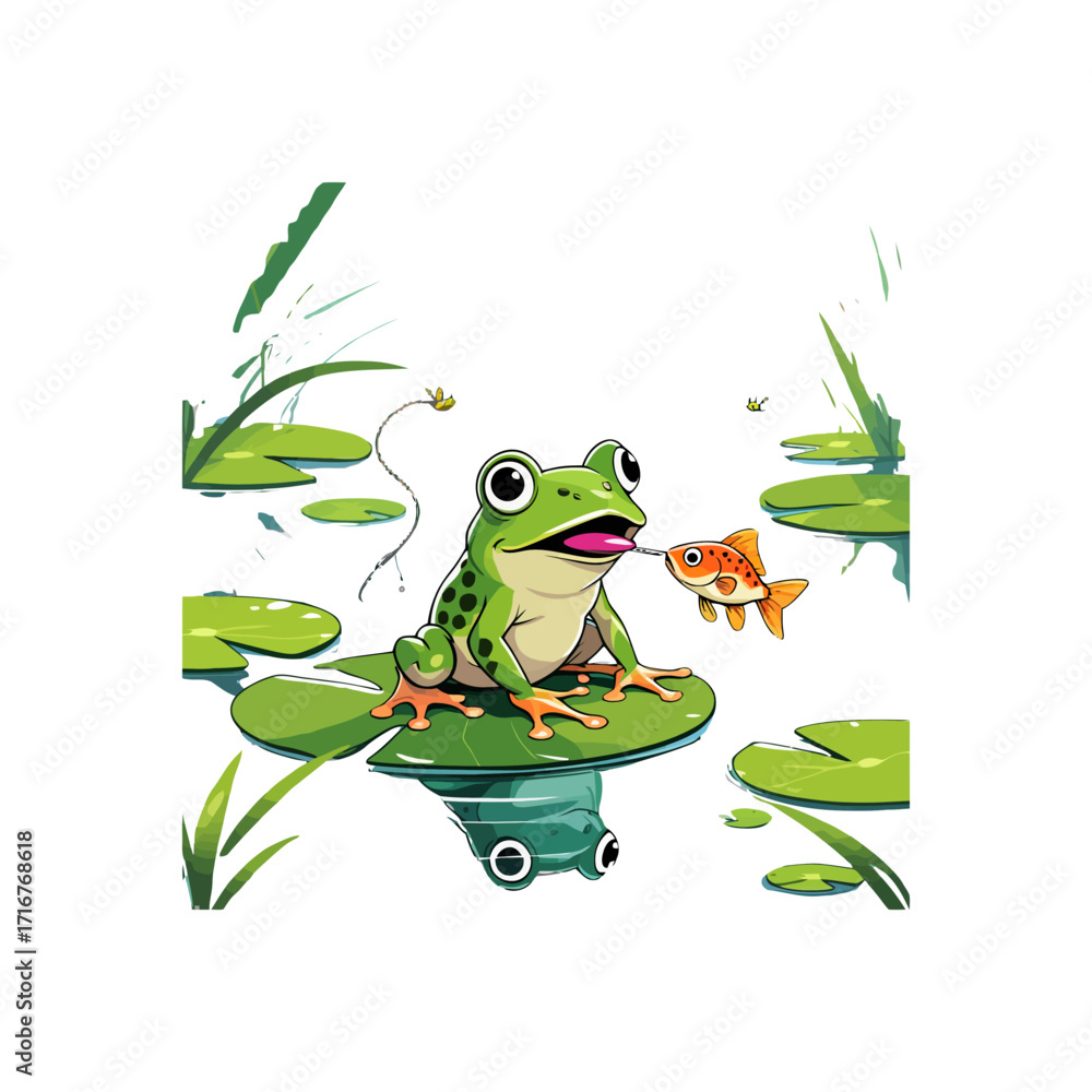 Fototapeta premium Cartoon Frog on Lily Pad Catching Goldfish in Pond - Cute Animal Illustration 