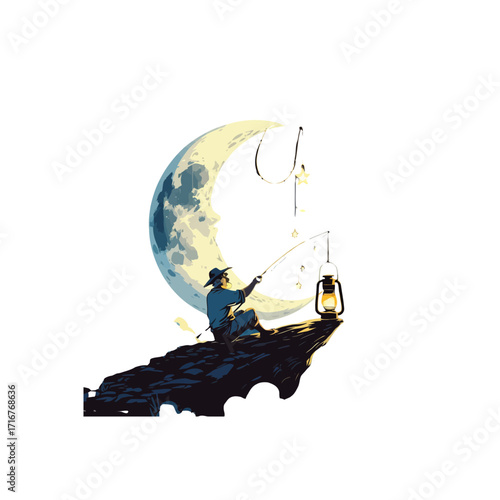 Moonlight Fisherman: Dreamy Night Fishing Art Print
