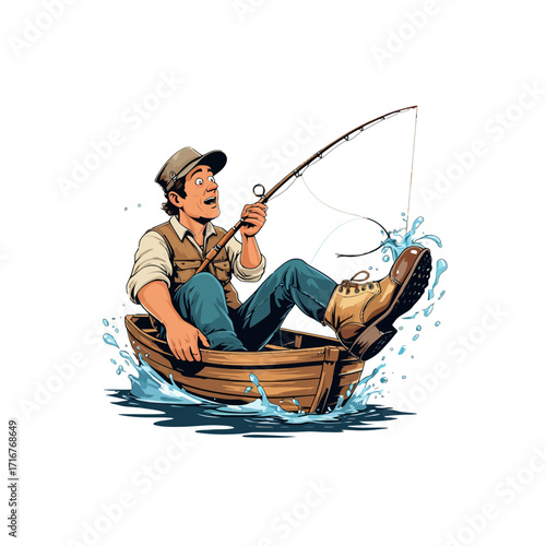 Fisherman in Boat Vector Illustration | Cartoon Fishing Scene
