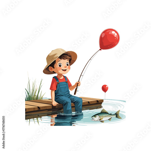 Happy Cartoon Boy Fishing by the Lake with Balloon
