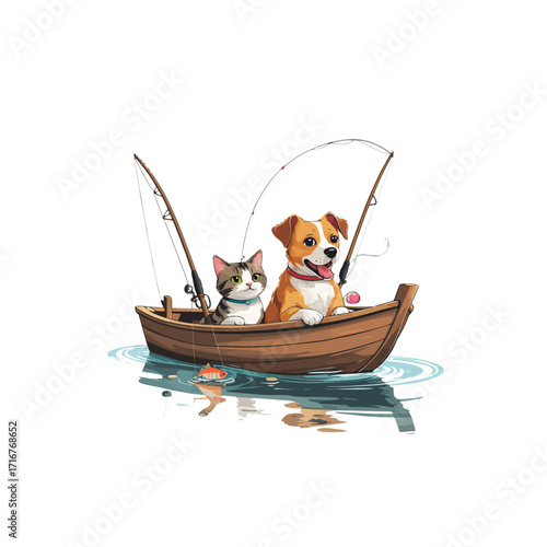 Cute Dog and Cat Fishing in a Boat Illustration