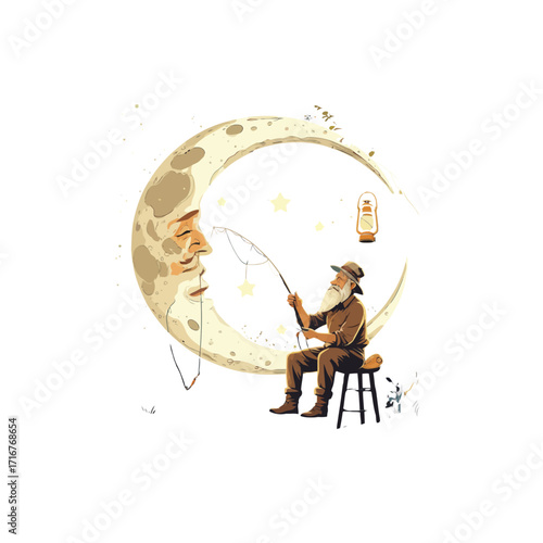 Old Man Fishing on Crescent Moon Art | Whimsical Night Sky Illustration