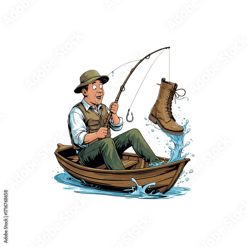 Funny Cartoon Fisherman Catches Old Boot While Fishing in Boat