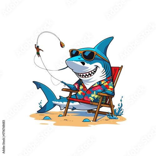 Funny Cartoon Shark Fishing with Human Bait | Hawaiian Beach Humor Art
