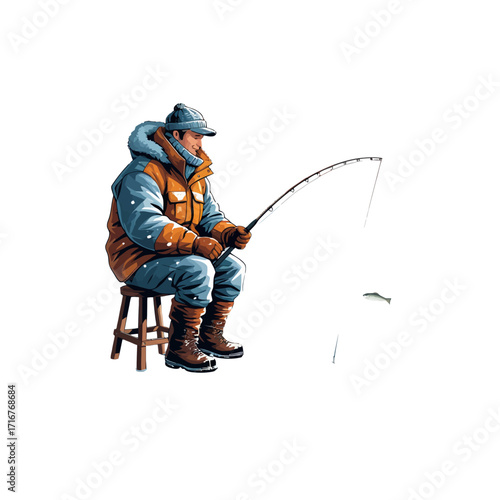 Man in Winter Gear Ice Fishing, Cold Weather Activity
