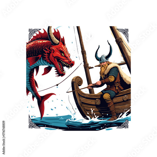 Viking Longship & Fisherman with Catch: Norse Mythology Inspired Illustration

