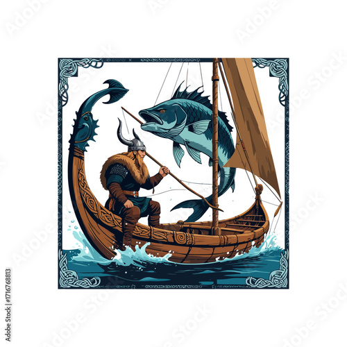 Viking Fishing Adventure: Norse Warrior & Giant Fish in Longship Art

