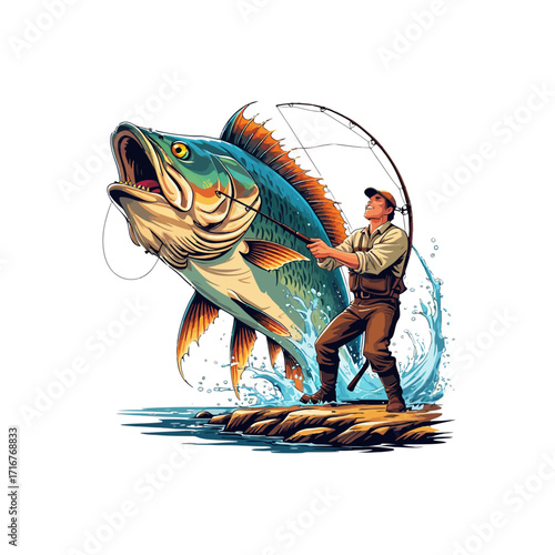 Big Fish Catch: Dynamic Fisherman & Leaping Bass Illustration