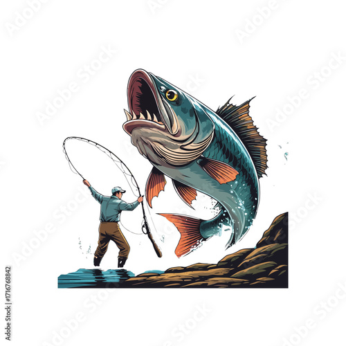 Cartoon Fisherman with Big Leaping Fish Illustration
