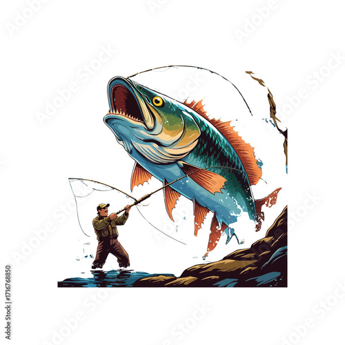 Dynamic Fishing Scene: Fisherman Reels in Leaping Bass | Epic Catch Illustration
