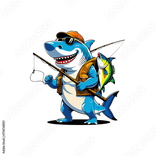 Cartoon Fisherman Shark Mascot with Caught Fish
