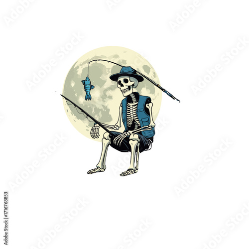 Skeleton Fisherman Moon Art Print | Humorous Fishing Illustration
