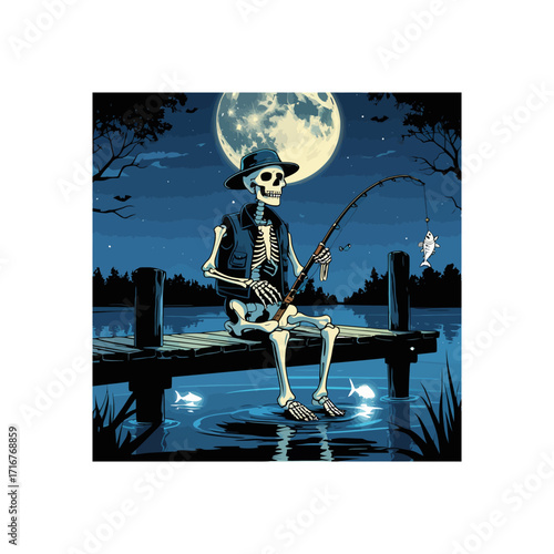 Skeleton Fishing under Moonlight on Dock - Spooky Halloween Night Scene
