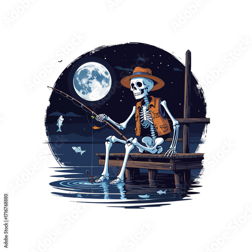 Skeleton Fishing Under Full Moon: Spooky Night Angler Art & Illustration
