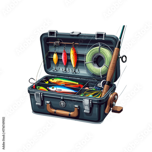 Colorful Fishing Lures & Rod in Tackle Box
