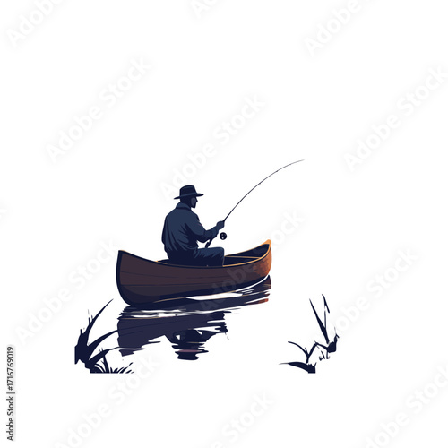 Fisherman in Canoe Silhouette Vector Illustration
