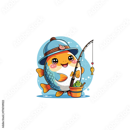 Happy Cartoon Fish Fisherman with Hat & Bucket | Cute Vector
