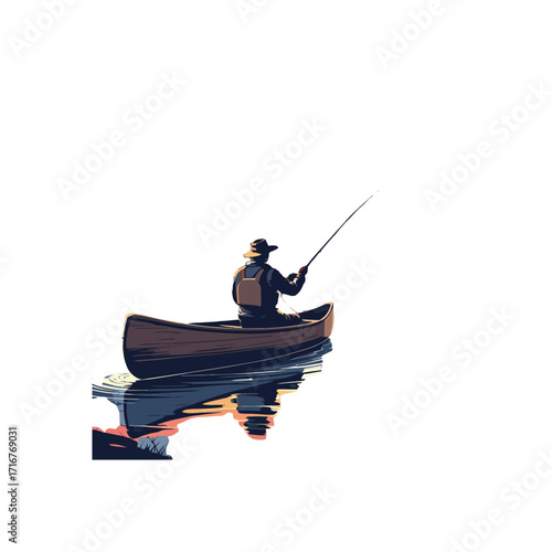 Fisherman in Canoe | Lake Fishing Vector Art
