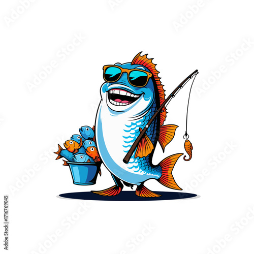 Happy Cartoon Fish Fisherman Logo - Fishing Mascot with Sunglasses
