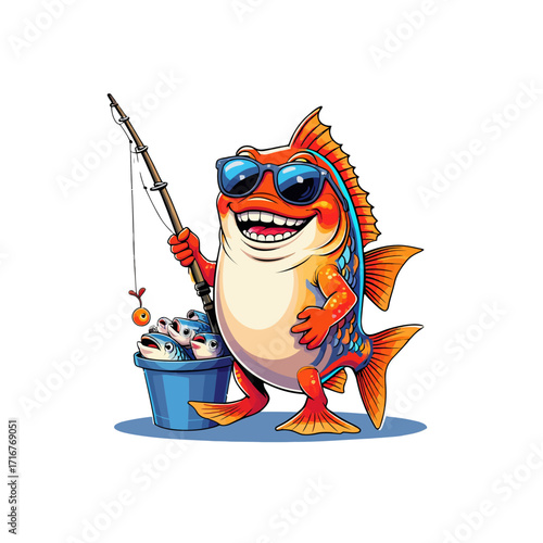Cool Cartoon Fish Fishing with Sunglasses & Catch
