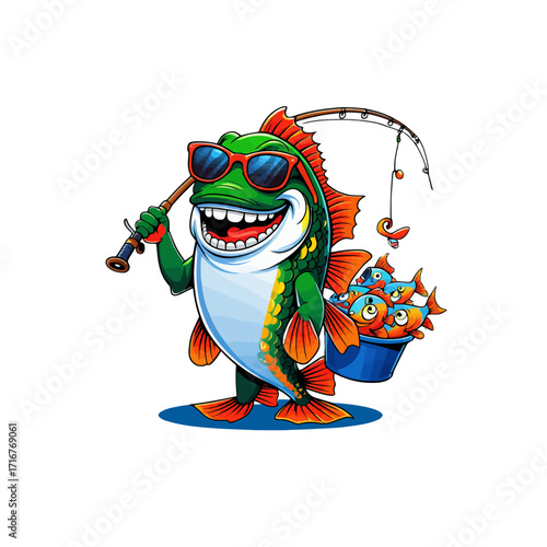 Funny Cartoon Fishing Bass | Happy Fisherman Fish Mascot with Sunglasses
