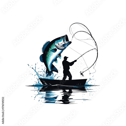 Bass Fishing Illustration: Fisherman Catching Big Fish from Boat
