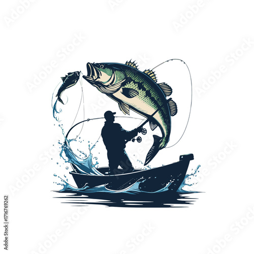  Fisherman Catching Jumping Largemouth Bass from Boat