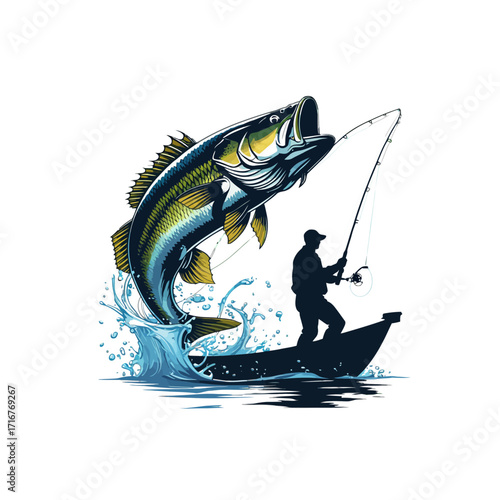 Dynamic Bass Fishing Action: Fisherman Catches Jumping Largemouth Bass from Boat
