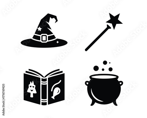 Collection of four black silhouette icons representing magic and witchcraft