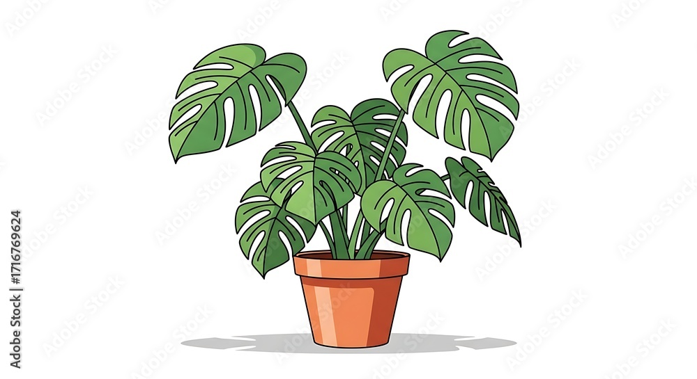 Fototapeta premium Lush green monstera plant in terracotta pot bringing tropical vibes indoors